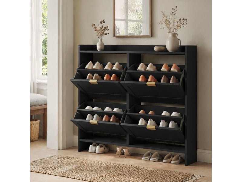  Meuble à chaussures 110x24x90 cm à 4 compartiments rabattables, noir  - Conforama C