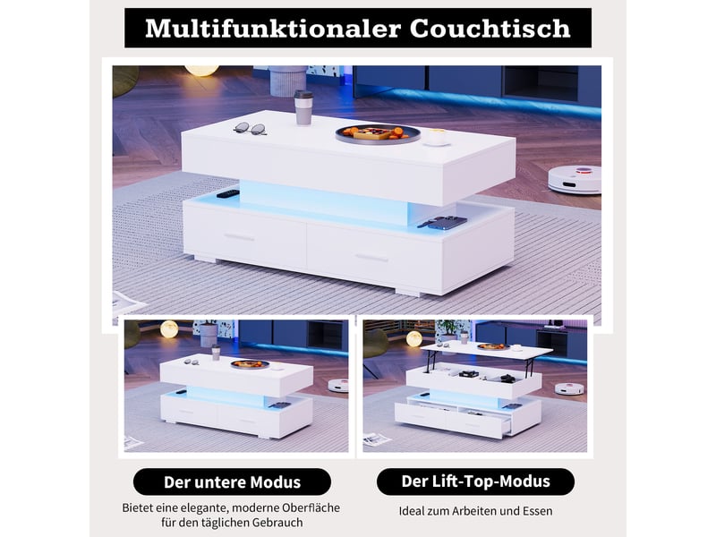 Table basse relevable blanche 100×50 cm led bluetooth, 2 tiroirs – design moderne - Conforama E
