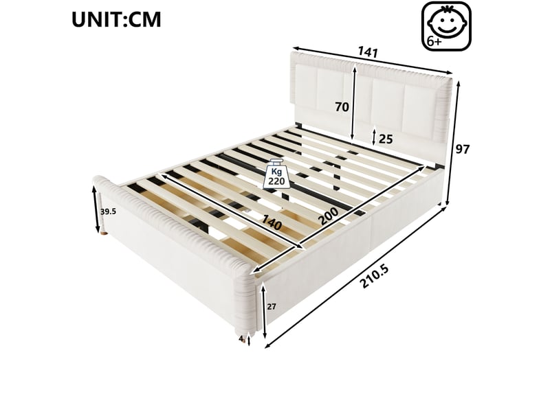 Lit 2 places 140x200 cm – beige – 2 tiroirs modulables, velours français et pieds en bois - sans matelas  - Conforama C