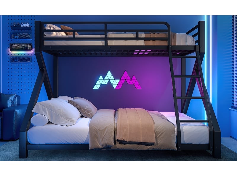 Lits superposés 90 × 200 et 140 × 200 cm, structure en métal, éclairage led, barrières et échelle, sans matelas, noir  - Conforama B