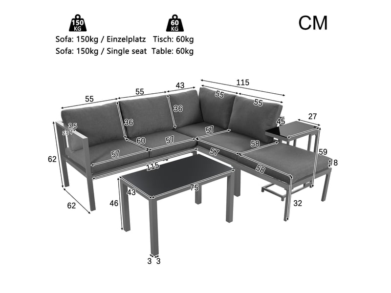 Fauteuil salon modulable ensemble 5 pièces métal gris tables coussins extérieur homvra - Conforama E