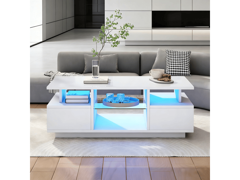  Table basse blanche brillante 100x50x36 cm, table de salon avec led, 2 tiroirs et étagère en verre, charge 30 kg  - Conforama W