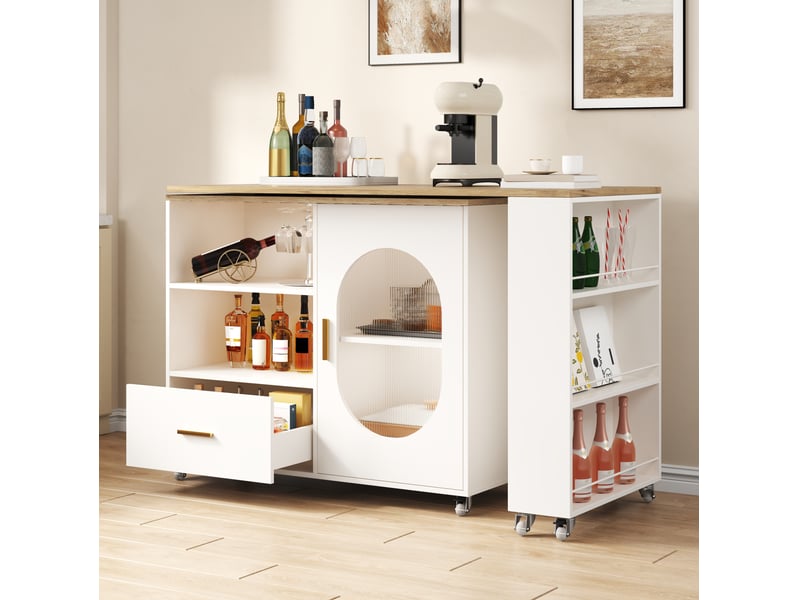  Îlot de cuisine 120x60x90 cm extensible avec 1 porte et 1 tiroir en plateau pivotant et mdf couleur naturel et blanc  - Conforama D