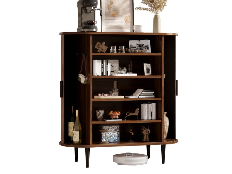  Buffet de rangement avec 2 portes coulissantes à rideau, étagères réglables et 4 crochets, naturel, 85 × 43 × 90 cm  - Conforama A