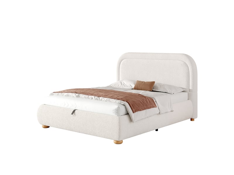  Lit 160x200 cm tissu bouclé blanc avec tête rembourrée, sommier à lattes, rangement hydraulique, sans matelas  - Conforama A