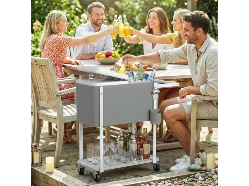  Chariot glacière sur roulettes 56l gris chariot à boissons mobile avec décapsuleur et étagère inférieure pour jardin  - Conforama C