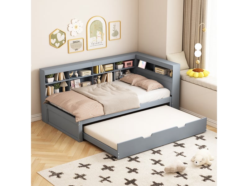 Lit gigogne 90x200 + 90x190 cm avec rangements et port usb, pin gris, sans matelas - Conforama B