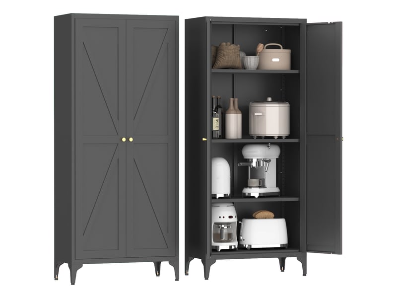  Armoire de rangement haute en métal à 2 portes et 4 étagères réglables pour cuisine, salon et bureau, noir  - Conforama A