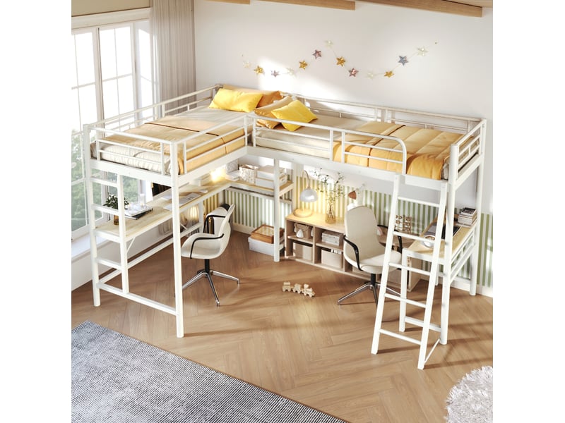  Lit mezzanine 90 × 200 cm avec bureau, double escalier et garde-corps, sans matelas, en métal, blanc  - Conforama C