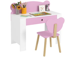 Ensemble bureau enfant avec tiroir et chaise à dossier ours en peluche, 3-8 ans, rose