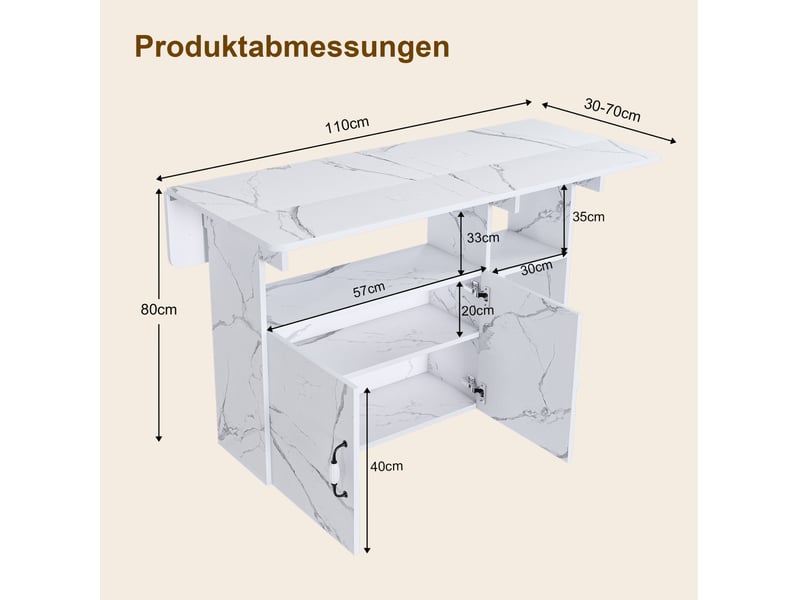  Table à manger pliante mobile 110x70x80 cm effet marbre blanc avec rangement  - Conforama C