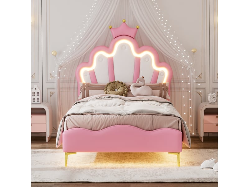 Lit enfant 90x200cm lit princesse en forme de couronne avec led - lit double avec sommier - pu - rose (sans matelas)  - Conforama W