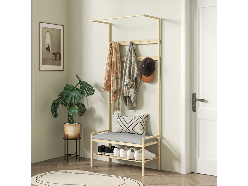  Porte-manteau avec banc à chaussures, crochets à chaussures et compartiment de rangement pour l'entrée, 73,5 x 34 x 171 cm, gris et naturel  - Conforama D