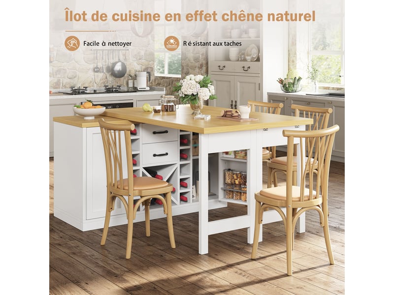  Îlot central de cuisine blanc 120x40x74cm pivotant rangement tiroirs portes casier à vin mdf et métal cuisine rangement pratique  - Conforama B