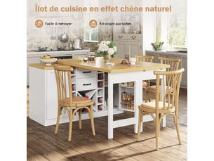Îlot central de cuisine blanc 120x40x74cm pivotant rangement tiroirs portes casier à vin mdf et métal cuisine rangement pratique