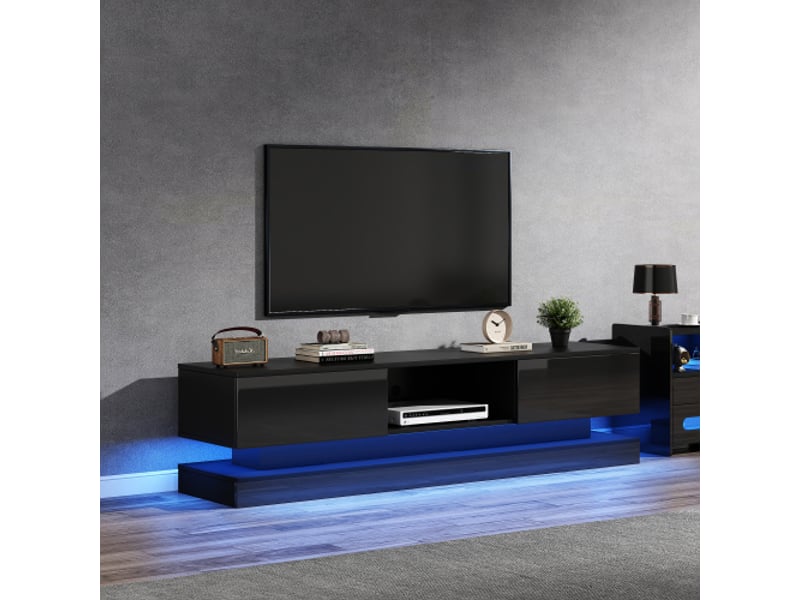  Meuble tv noir brillant 160x35x40,5 cm led, 2 tiroirs, contrôle par app, anti-basculement, compatible tv 60 pouces  - Conforama B