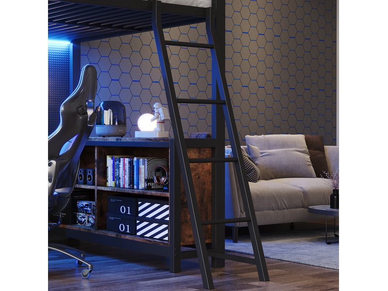  Lit mezzanine adulte 120x200 cm noir décor bois vintage métal et mdf, bureau 3 côtés avec led et rangement  - Conforama E
