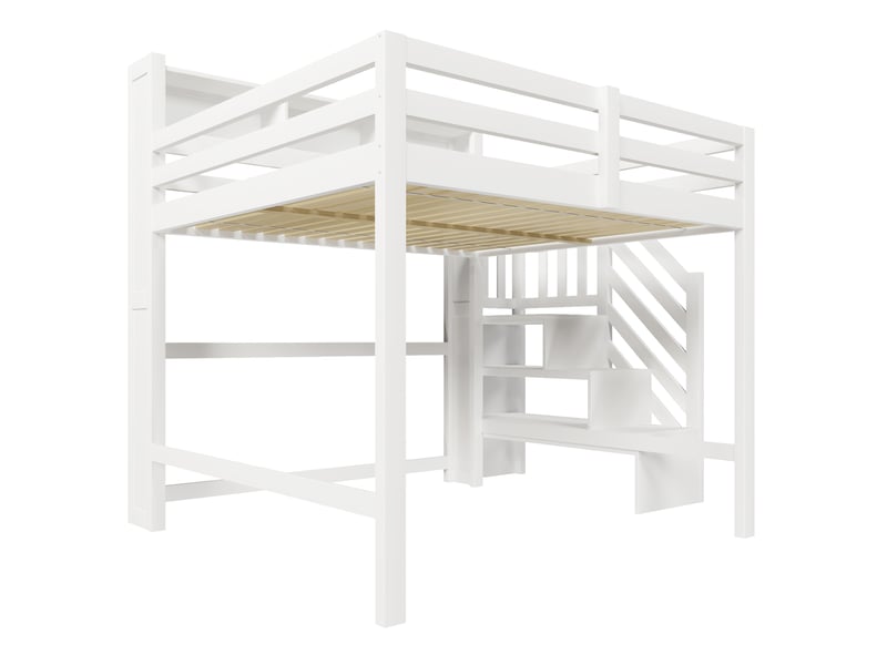  Lit mezzanine blanc 140x200 cm, led, espace inférieur et escalier-rangement  - Conforama E