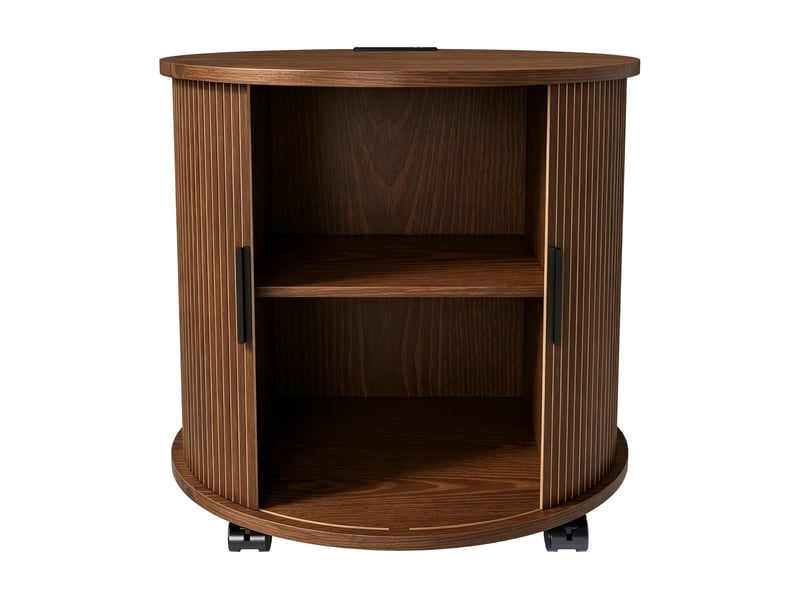  Table de chevet cylindrique mid-century avec station de charge, noyer, rangement mobile 60cm  - Conforama D