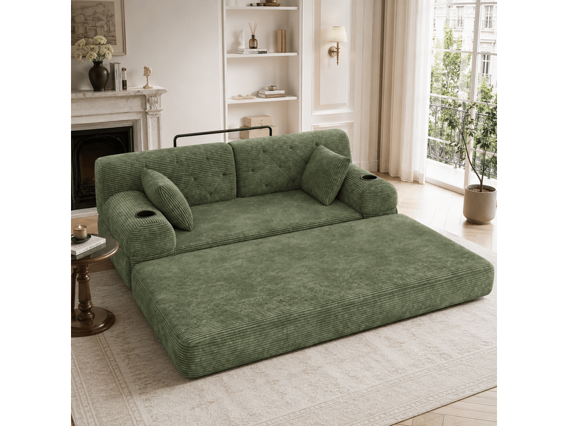 Canapé convertible 2 places en velours côtelé – canapé lit compact avec dossier haut, structure métal, mousse haute densité, porte-gobelets et poches de rangement – vert - Conforama B