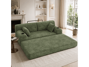 Canapé convertible 2 places en velours côtelé – canapé lit compact avec dossier haut, structure métal, mousse haute densité, porte-gobelets et poches de rangement – vert