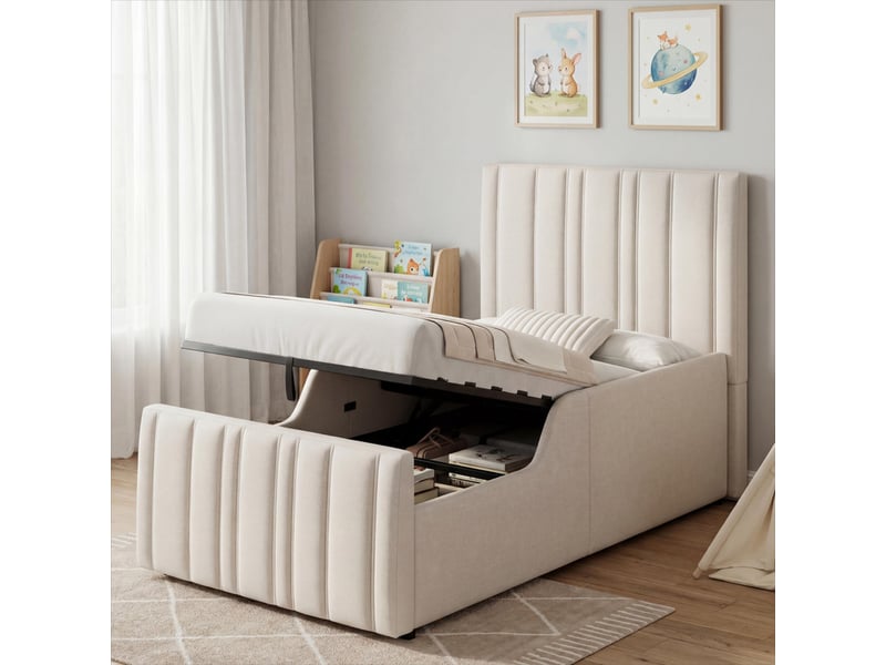 Lit enfant rembourré avec coffre de rangement - avec tête de lit capitonnée - sommier à lattes - lin - beige (sans matelas) - Conforama D