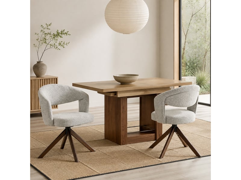  Lot de 2 chaises de salle à manger pivotantes rétro en tissu texturé gris clair et bois couleur noyer  - Conforama B