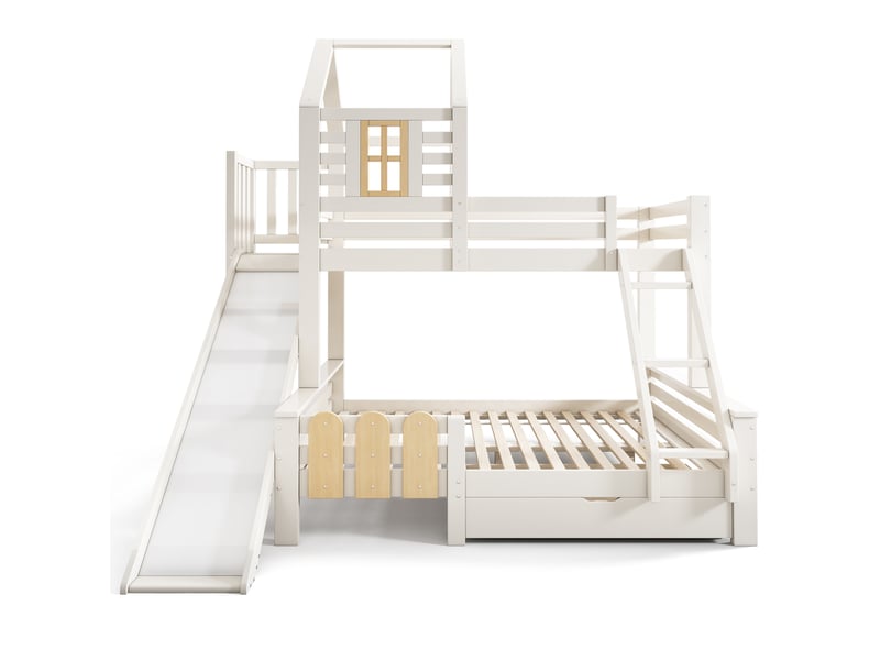 Lit superposé 90x200 et 140x200 cabane avec toboggan, lit avec sommier à lattes, bois massif, blanc et naturel - Conforama A