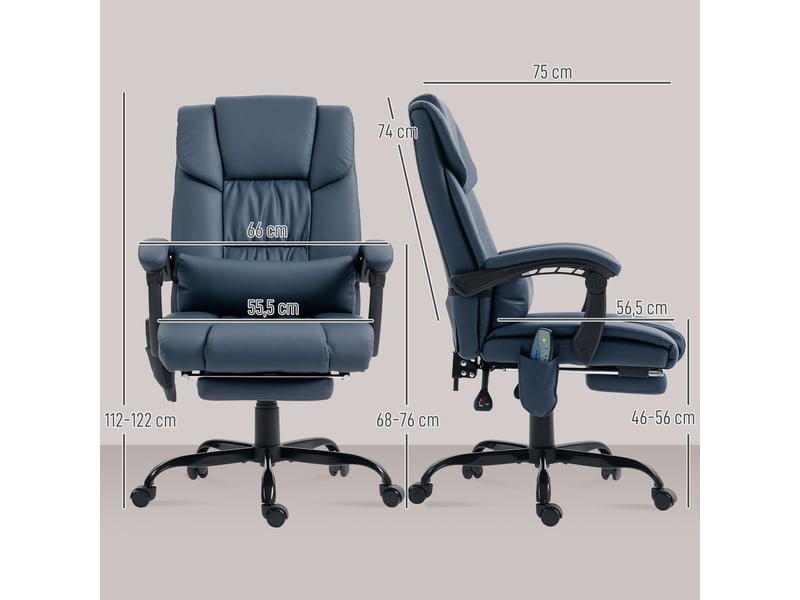  Fauteuil de bureau massant, repose-pied, hauteur réglable, dossier inclinable, télécommande filaire, 66x75x122cm, bleu  - Conforama E