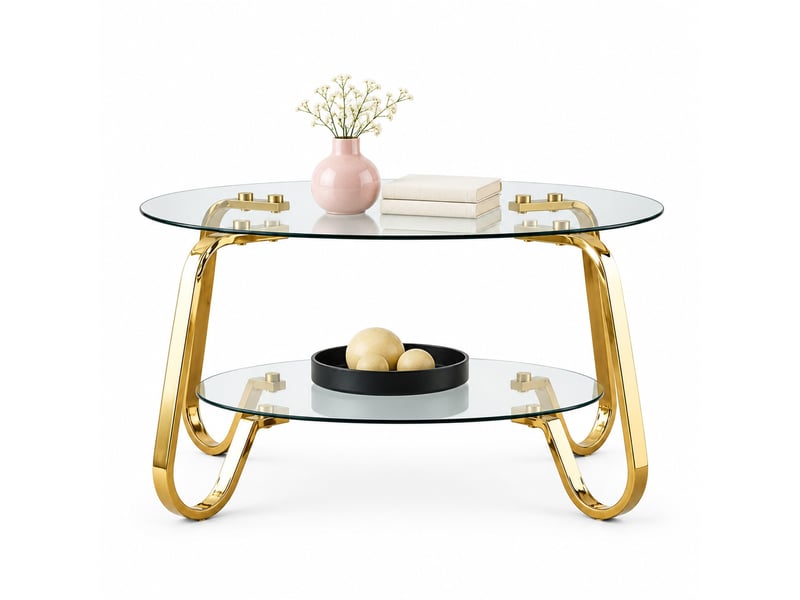  Table basse ronde double niveau – structure en métal doré et verre trempé – ø 80 x h 45 cm  - Conforama A