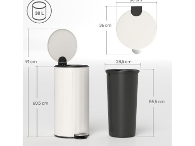 Poubelle à pédale 30 l 36 x 30 x 60,5 cm – blanc crème – couvercle à fermeture douce et seau amovible - Conforama C