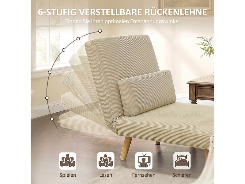  Fauteuil convertible 3 en 1 en velours côtelé beige 90x190 cm  - Conforama C
