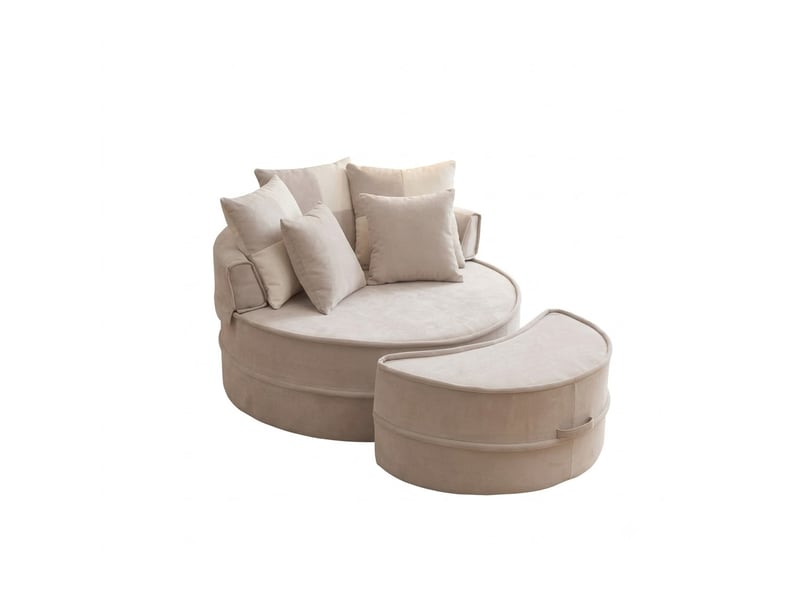  Canapé rond avec 5 coussins et repose-pieds - 163x121x66cm - fauteuil lounge en chenille sans structure de mousse - gris  - Conforama A