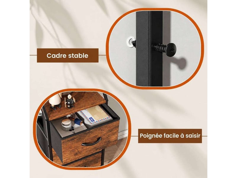  Table de chevet 40x30x78 cm trois tiroirs tissu marron rustique et metal noir  - Conforama C