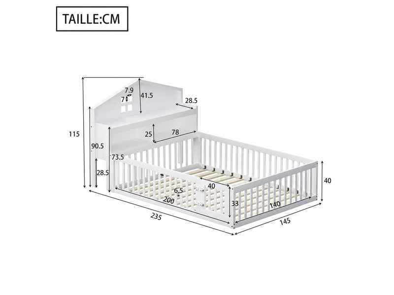  Lit enfant 140x200 cm - lit avec barrières de sécurité et rangement, lit en bois mdf pin, protection incluse, blanc, sans matelas  - Conforama C