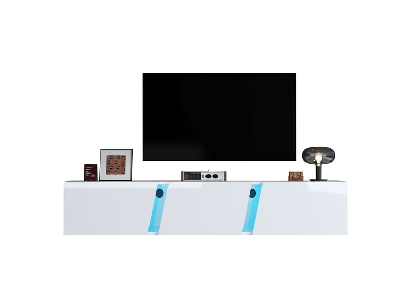  Meuble tv mural suspendu 180 cm pour tv 75 pouces, blanc brillant avec led  - Conforama A
