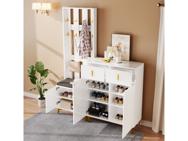  Vestiaire d'entrée avec crochets,meuble à chaussures avec tiroirs,porte-manteaux,étagères réglables et coussins,blanc vestiaire blanc - Conforama B