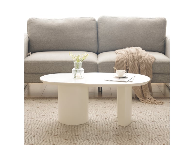  Table basse blanche 100 cm, forme irrégulière, en mdf laqué, design moderne avec bords arrondis  - Conforama W