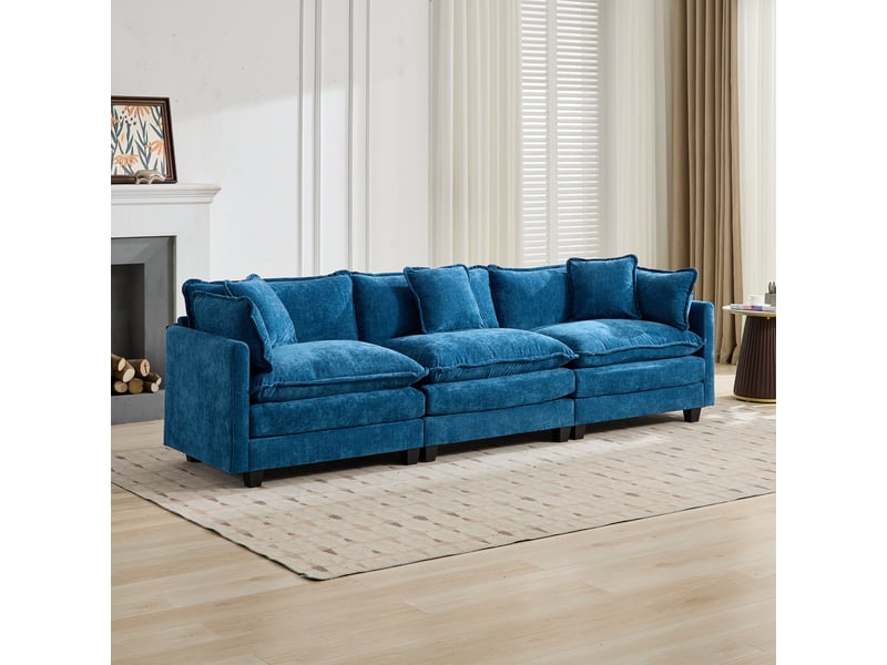  Canapé modulable cloud de5013 bleu 3 places en chenille, assise double confort  - Conforama D