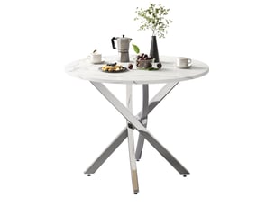 Table à manger ronde 80 x 80 x 75 cm, plateau effet marbre, blanc argenté