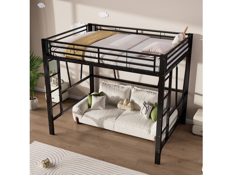  Lit mezzanine 140 × 200 cm 2 places avec double échelle, barrières de sécurité, sans matelas, en métal, noir  - Conforama C