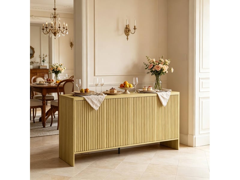 Buffet bas 147x40x77 cm, avec 4 portes sans poignées, rainures, angles arrondis, mdf finition chêne, rangement salon  - Conforama D