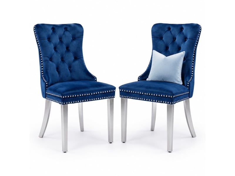  Lot de 2 chaises de salle à manger 62x50x95 cm, dossier haut capitonné, velours et bois, bleu et chromé  - Conforama A