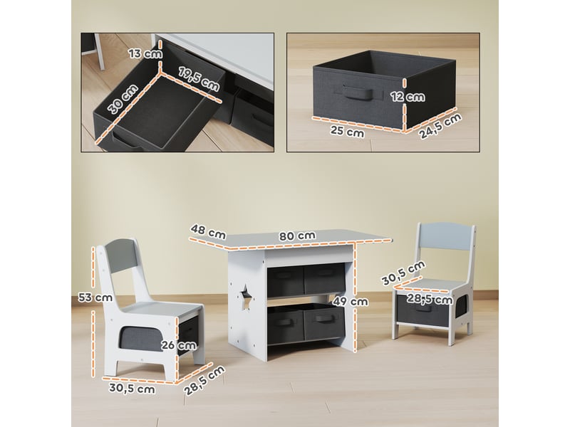 Ensemble table et 2 chaises enfant avec 6 tiroirs amovibles, pour fille garçon 3-8 ans, gris - Conforama C
