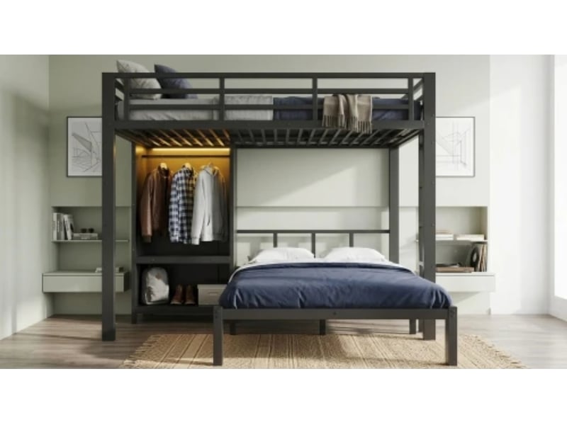  Lit métal 120×200cm, superposé, 2 couchages, échelle + armoire + led, noir  - Conforama B