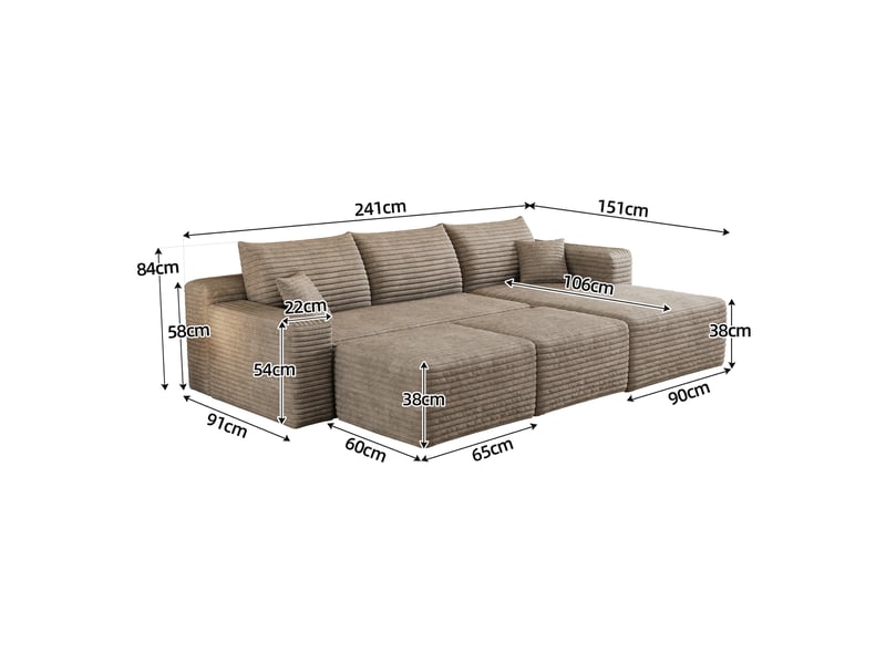  Canapé d'angle modulaire 3 places avec 2 poufs 241 x 151 x 58 cm, assise profonde, design nuage, velours côtelé, chameau Bliss Lite - Conforama C