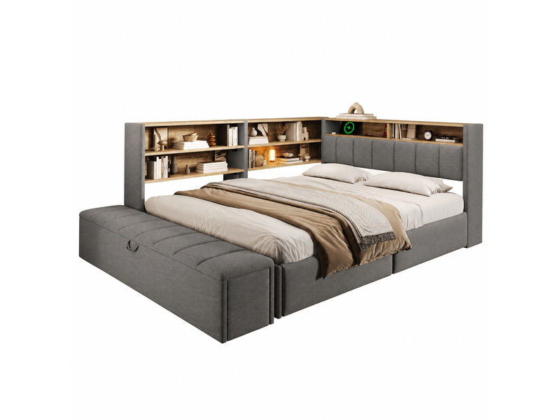 Canapé-lit coffre 140 x 200 cm - avec prise électrique - avec port usb - avec lumière led - tissu velours - gris (matelas non inclus) - Conforama A
