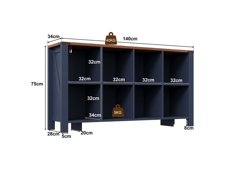 Meuble de rangement avec 8 niches ouvertes, en mdf bleu, pour cuisine, salon et salle à manger, 140 × 34 × 75 cm - Conforama D