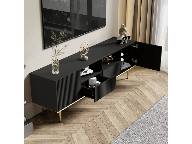  Meuble tv moderne avec bord doré,portes au design simple à rayures verticales,4 compartiments de rangement et 2 tiroirs,noir  - Conforama C