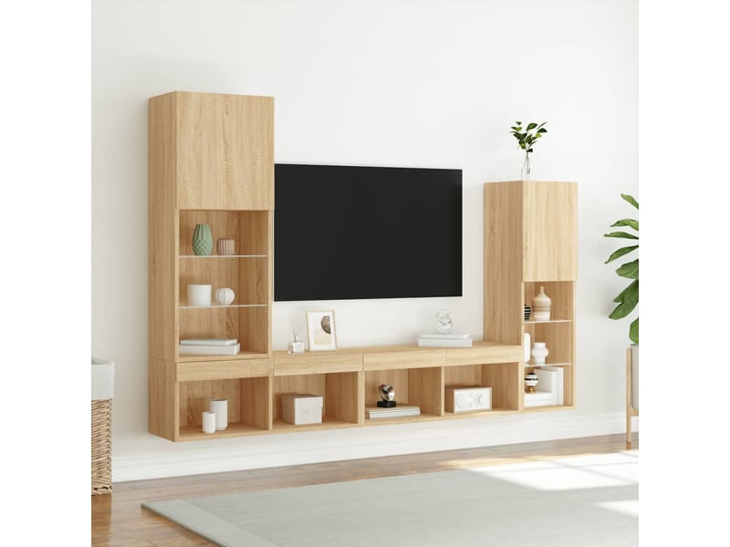 Meuble tv - unités murales tv avec led 4 pcs chêne sonoma bois d'ingénierie - Conforama D